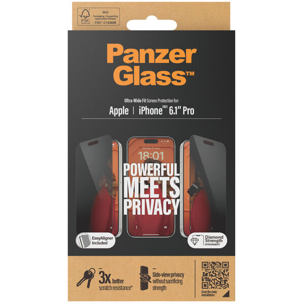 PanzerGlass - Privacy Ultra-Wide Fit Anti-Bacterial Screenprotector incl. applicator voor Apple iPhone 15 Pro - Transparent