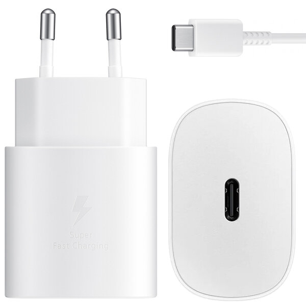 Samsung - Originele USB-C naar USB-C kabel - 1.8 m - 25 Watt -Black + Originele Fast Charging Adapter USB-C Oplader - In Fabrieksverpakking - 25 Watt - White