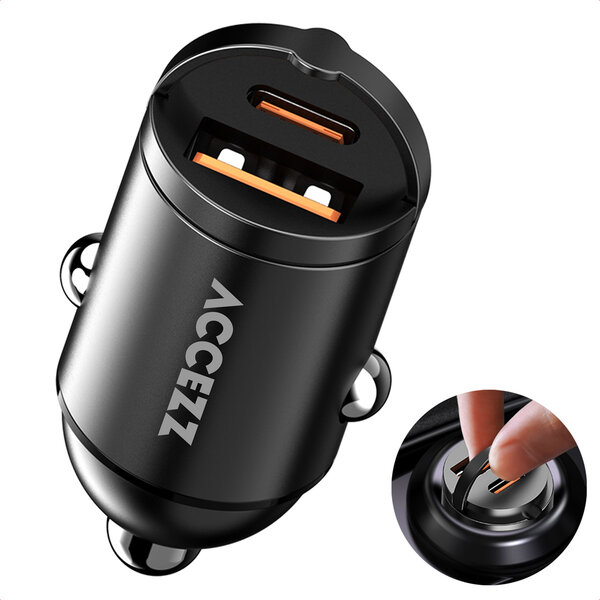 Accezz - Autolader | Snellader met 2 poorten - USB-A 30 watt + USB-C 65 watt - Black