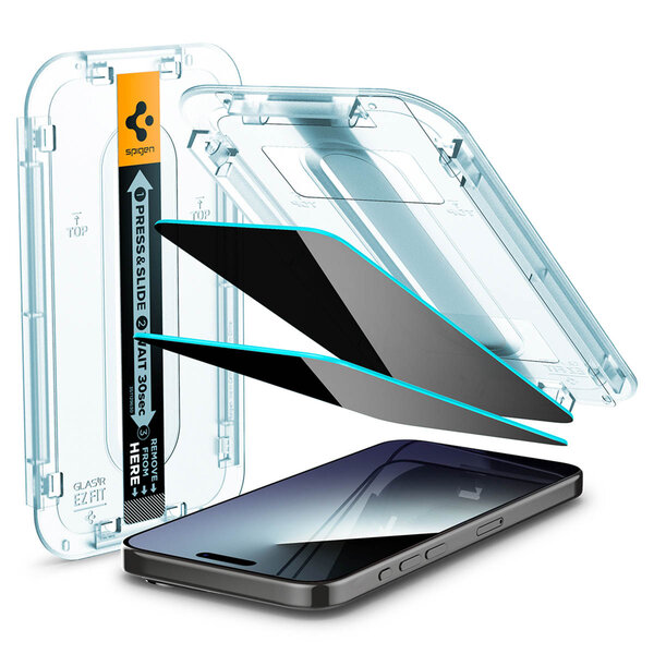 Spigen - GLAStR Privacy EZ Fit Screenprotector + Applicator voor Apple iPhone 15 Pro - Transparent
