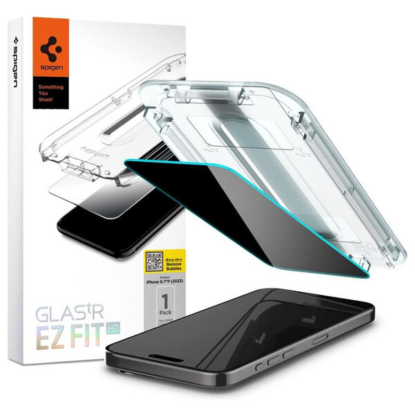 Spigen - EZ Fit GLAS.tR met installatietray - Privacy Glass - 1 pack voor Apple iPhone 15 Pro Max - Transparent