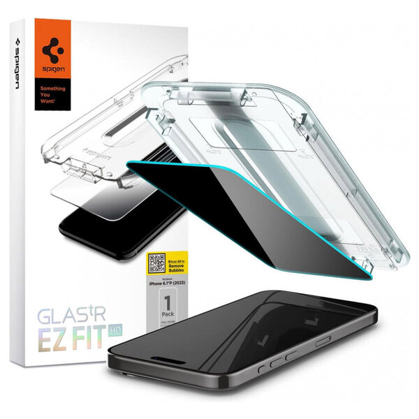 Spigen - EZ Fit GLAS.tR met installatietray - Privacy Glass - 1 pack voor Apple iPhone 15 Pro - Transparent