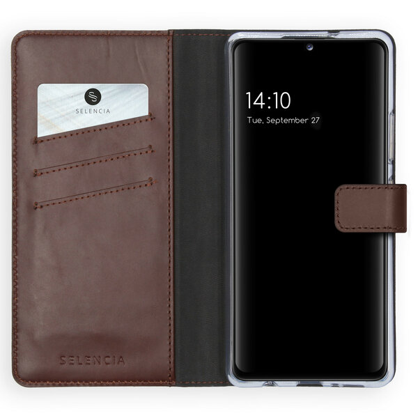 Selencia - Genuine Leather Bookcase voor Samsung Galaxy A42 - Brown