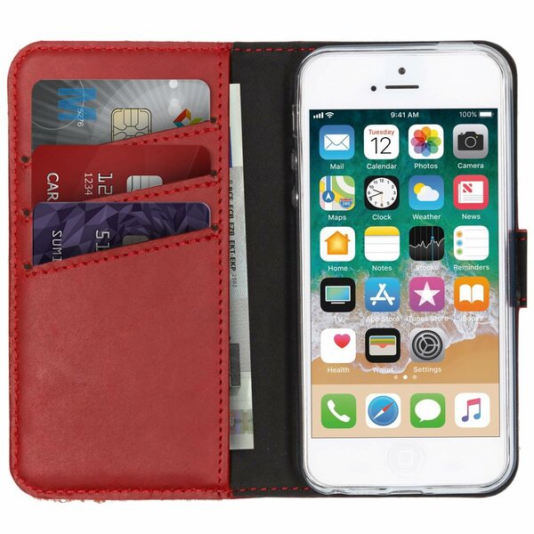 Selencia - Genuine Leather Bookcase voor Apple iPhone SE / 5 / 5s - Red