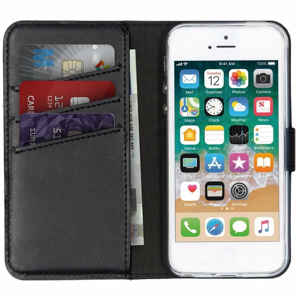 Selencia - Genuine Leather Bookcase voor Apple iPhone SE / 5 / 5s - Black