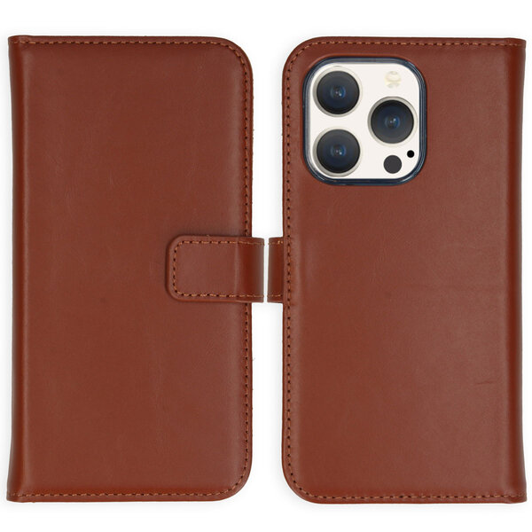 Selencia - Genuine Leather Bookcase voor Apple iPhone 15 Pro - Light Brown