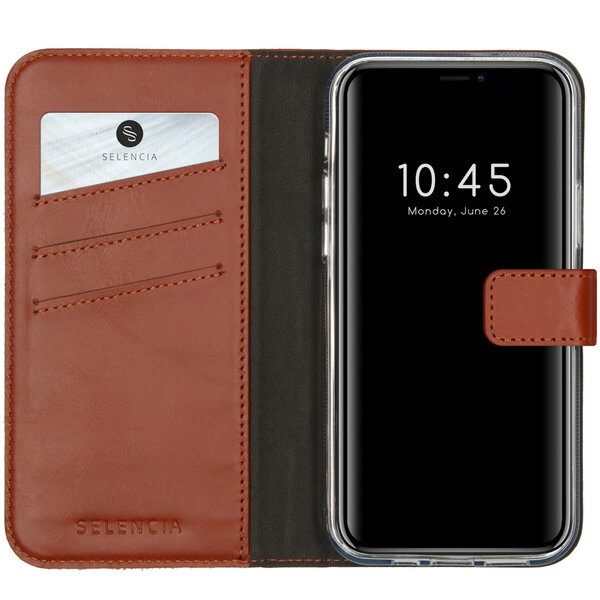 Selencia - Genuine Leather Bookcase voor Apple iPhone 12 (Pro) - Light Brown