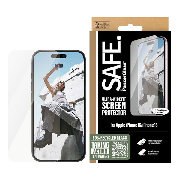 SAFE by PanzerGlass - Ultra-Wide Fit Screenprotector voor Apple iPhone 16 - Transparent