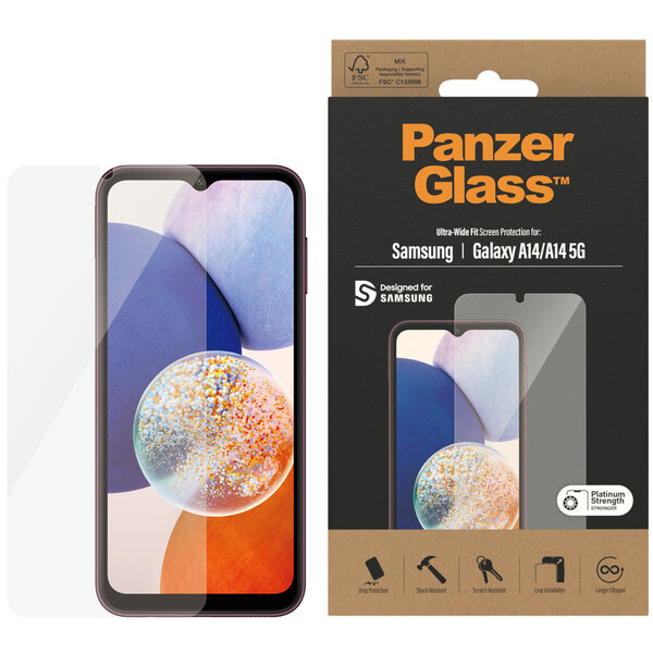 PanzerGlass - Ultra-Wide Fit Anti-Bacterial Screenprotector voor Samsung Galaxy A14 (5G/4G) - Transparent