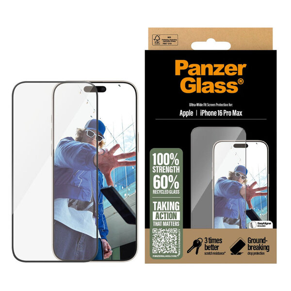 PanzerGlass - Ultra-Wide Fit Anti-Bacterial Screenprotector voor Apple iPhone 16 Pro Max - Transparent