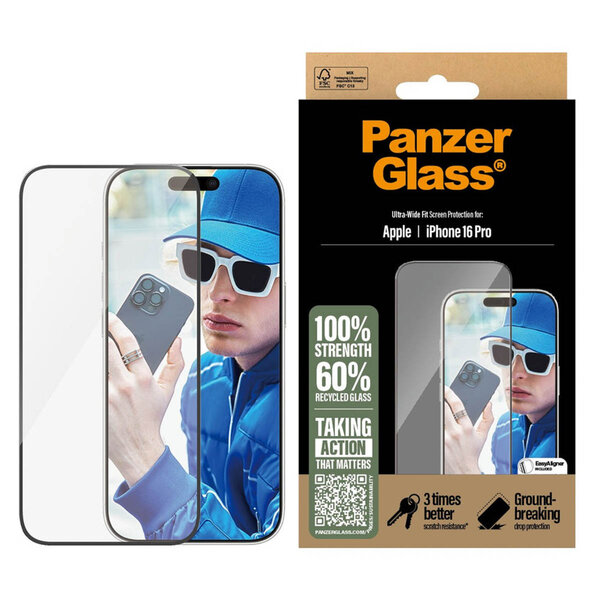 PanzerGlass - Ultra-Wide Fit Anti-Bacterial Screenprotector voor Apple iPhone 16 Pro - Transparent