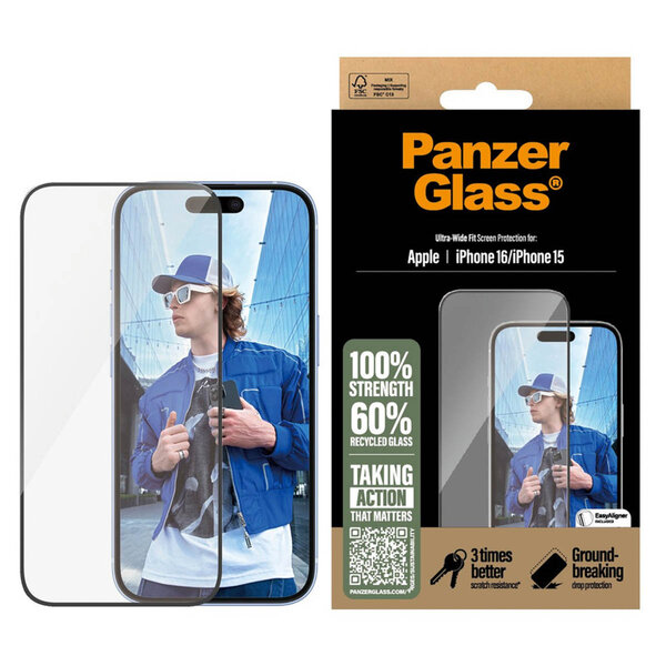 PanzerGlass - Ultra-Wide Fit Anti-Bacterial Screenprotector voor Apple iPhone 16 - Transparent