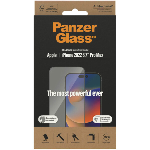 PanzerGlass - Ultra-Wide Fit Anti-Bacterial Screenprotector incl. applicator voor Apple iPhone 14 Pro Max - Transparent