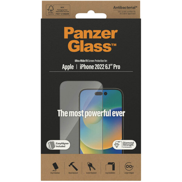 PanzerGlass - Ultra-Wide Fit Anti-Bacterial Screenprotector incl. applicator voor Apple iPhone 14 Pro - Transparent