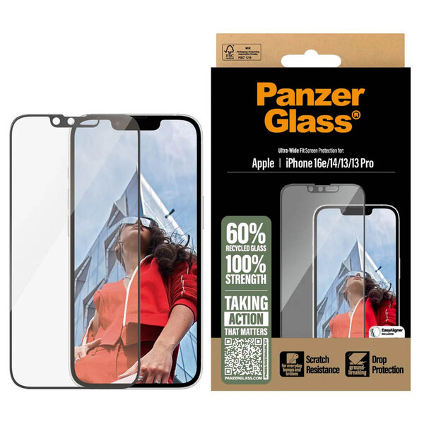 PanzerGlass - Ultra-Wide Fit Anti-Bacterial Screenprotector incl. applicator voor Apple iPhone 13 / 13 Pro / 14 / 16e - Transparent