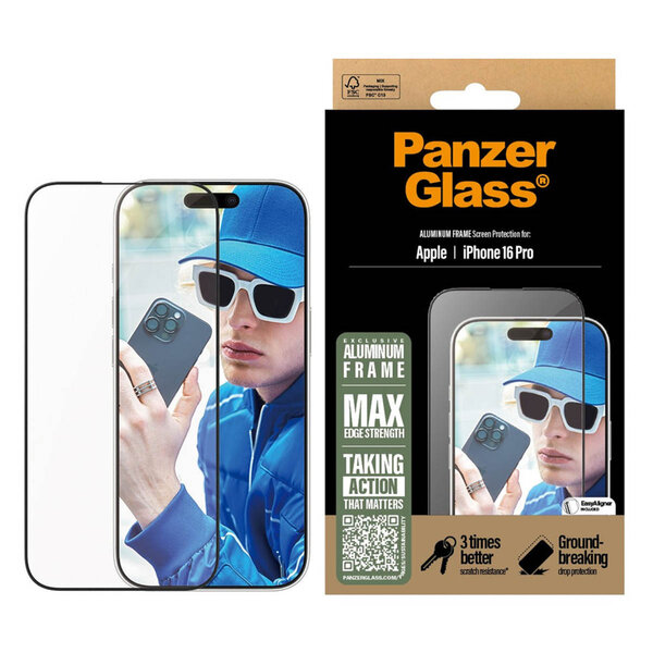 PanzerGlass - Screenprotector Aluminium Frame Ultra Wide Fit met applicator voor Apple iPhone 16 Pro - Transparent