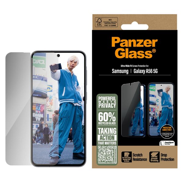 PanzerGlass - Privacy Ultra-Wide Fit Anti-Bacterial Screenprotector incl. applicator voor Samsung Galaxy A56 - Transparent