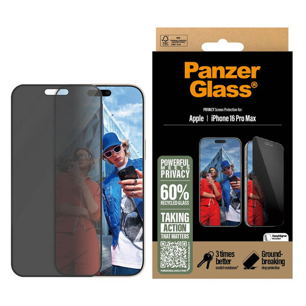 PanzerGlass - Privacy Ultra-Wide Fit Anti-Bacterial Screenprotector incl. applicator voor Apple iPhone 16 Pro Max - Transparent