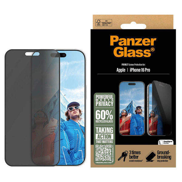 PanzerGlass - Privacy Ultra-Wide Fit Anti-Bacterial Screenprotector incl. applicator voor Apple iPhone 16 Pro - Transparent
