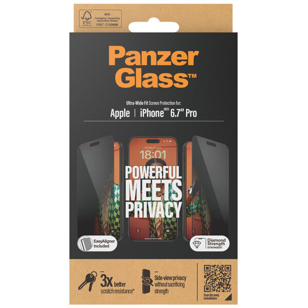 PanzerGlass - Privacy Ultra-Wide Fit Anti-Bacterial Screenprotector incl. applicator voor Apple iPhone 15 Pro Max - Transparent