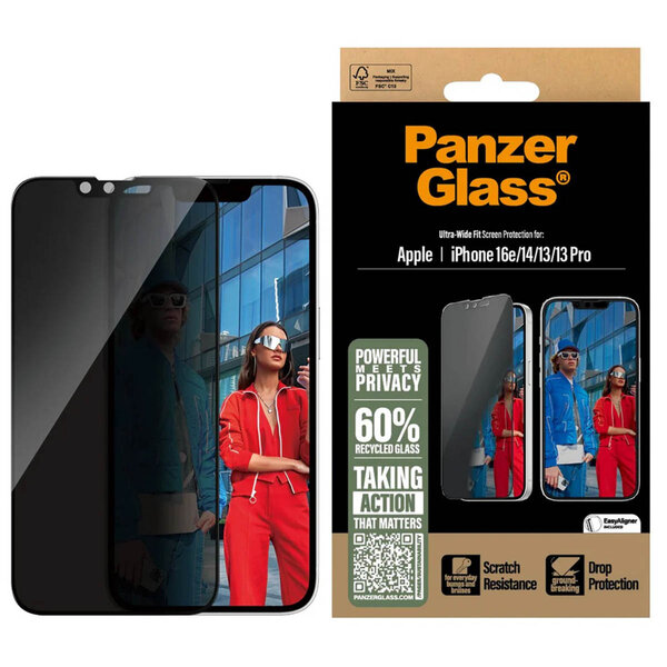 PanzerGlass - Privacy Ultra-Wide Fit Anti-Bacterial Screenprotector incl. applicator voor Apple iPhone 13 / 13 Pro / 14 / 16e - Transparent