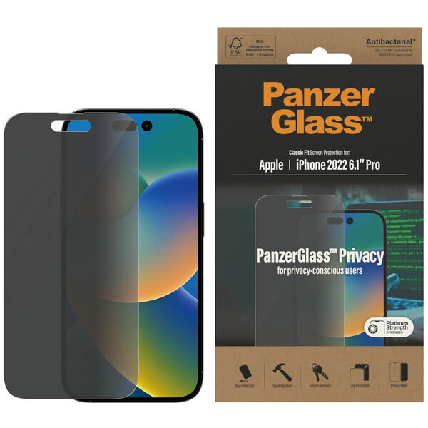 PanzerGlass - Privacy Anti-Bacterial Screenprotector voor Apple iPhone 14 Pro - Transparent