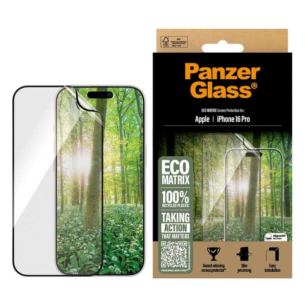 PanzerGlass - Matrix Recycled Ultra-Wide Fit Anti-Bacterial Screenprotector incl. applicator voor Apple iPhone 16 Pro - Transparent