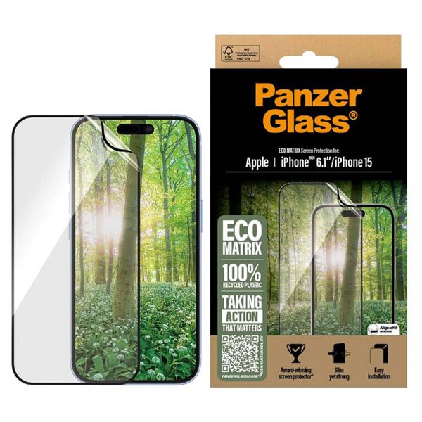 PanzerGlass - Matrix Recycled Ultra-Wide Fit Anti-Bacterial Screenprotector incl. applicator voor Apple iPhone 16 - Transparent