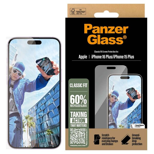 PanzerGlass - Anti-Bacterial Screenprotector voor Apple iPhone 16 Plus - Transparent