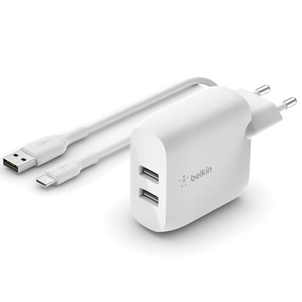 Belkin - Boost Charge Dual USB Wall Charger + USB-C kabel - 24W - White