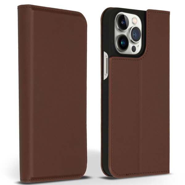 Accezz - Premium Leather Slim Bookcase for Apple iPhone 14 Pro Max - Brown