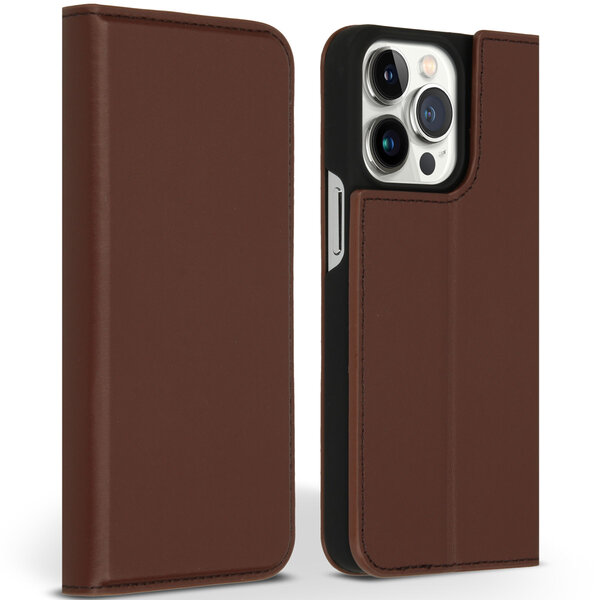 Accezz - Premium Leather Slim Bookcase for Apple iPhone 13 Pro - Brown
