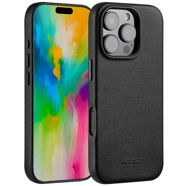 Accezz - MagSafe Leather Backcover voor Apple iPhone 16 Pro - Onyx Black