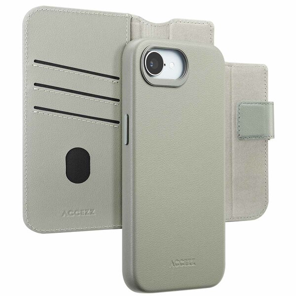 Accezz - Leather Bookcase 2-in-1 with MagSafe for Apple iPhone 16e - Light Grey