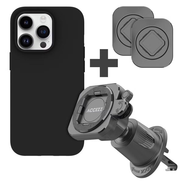 Accezz - EasyLock telefoonhouder auto - inclusief hoesje voor Apple iPhone 15 Pro - Ventilatierooster - 360 graden draaibaar - Black