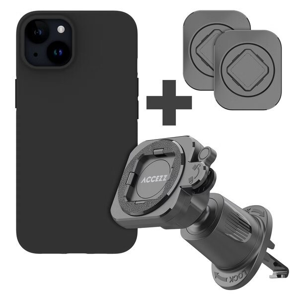 Accezz - EasyLock telefoonhouder auto - inclusief hoesje voor Apple iPhone 15 - Ventilatierooster - 360 graden draaibaar - Black