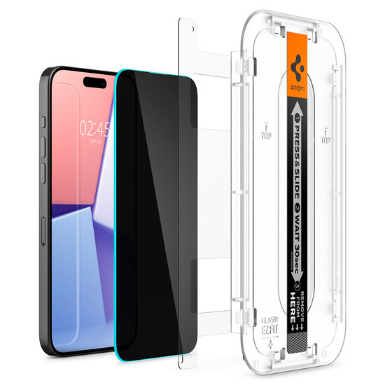 Spigen - GLAStR Privacy EZ Fit Screenprotector + Applicator voor Apple iPhone 15 Pro - Transparent
