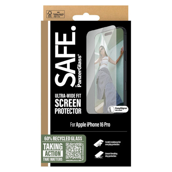 SAFE by PanzerGlass - Ultra-Wide Fit Screenprotector voor Apple iPhone 16 Pro - Transparent