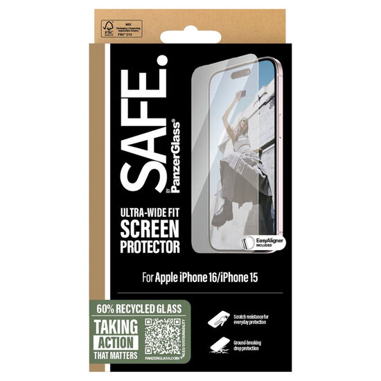 SAFE by PanzerGlass - Ultra-Wide Fit Screenprotector voor Apple iPhone 16 - Transparent