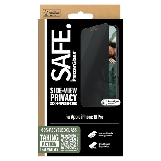SAFE by PanzerGlass - Privacy Screenprotector Ultra Wide Fit met applicator voor Apple iPhone 16 Pro - Transparent