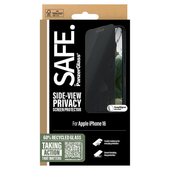 SAFE by PanzerGlass - Privacy Screenprotector Ultra Wide Fit met applicator voor Apple iPhone 16 - Transparent