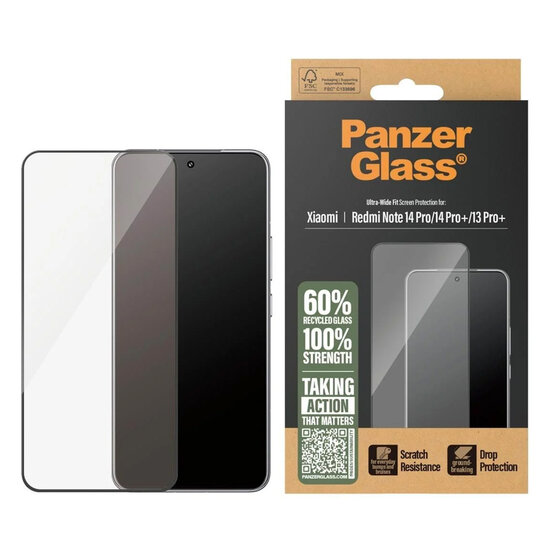 PanzerGlass - Ultra-Wide Fit Anti-Bacterial Screenprotector voor Xiaomi Redmi Note 14 Pro (4G/5G) / 14 Pro Plus / 13 Pro Plus - Transparent