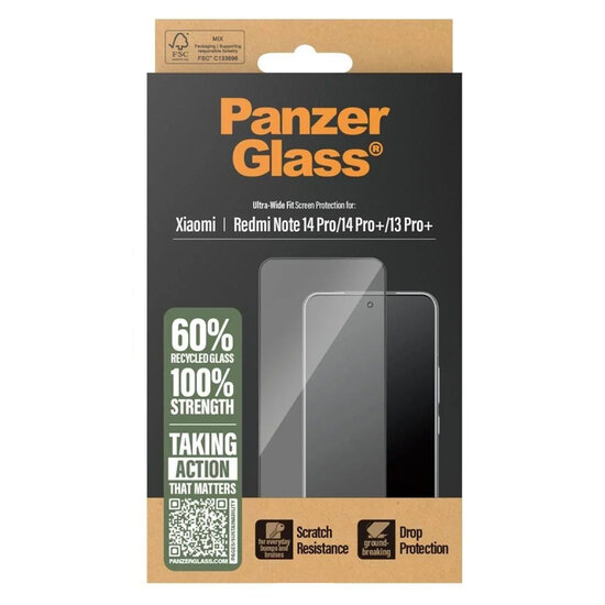 PanzerGlass - Ultra-Wide Fit Anti-Bacterial Screenprotector voor Xiaomi Redmi Note 14 Pro (4G/5G) / 14 Pro Plus / 13 Pro Plus - Transparent