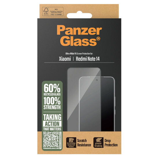 PanzerGlass - Ultra-Wide Fit Anti-Bacterial Screenprotector voor Xiaomi Redmi Note 14 (4G) - Transparent