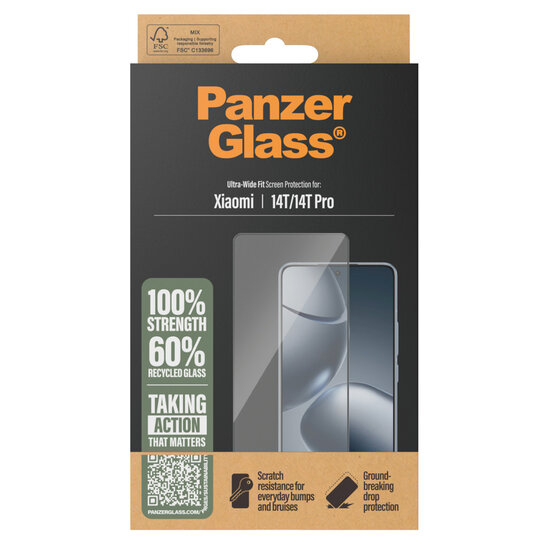 PanzerGlass - Ultra-Wide Fit Anti-Bacterial Screenprotector voor Xiaomi 14T Pro - Transparent