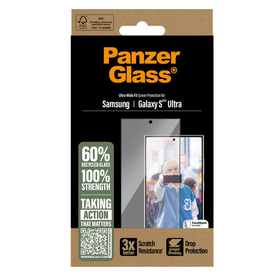 PanzerGlass - Ultra-Wide Fit Anti-Bacterial Screenprotector voor Samsung Galaxy S25 Ultra - Transparent