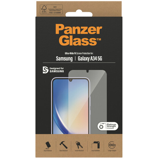 PanzerGlass - Ultra-Wide Fit Anti-Bacterial Screenprotector voor Samsung Galaxy A34 (5G) - Transparent