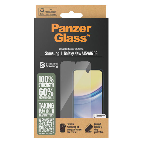 PanzerGlass - Ultra-Wide Fit Anti-Bacterial Screenprotector voor Samsung Galaxy A16 - Transparent