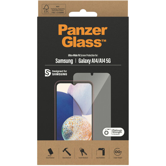 PanzerGlass - Ultra-Wide Fit Anti-Bacterial Screenprotector voor Samsung Galaxy A14 (5G/4G) - Transparent
