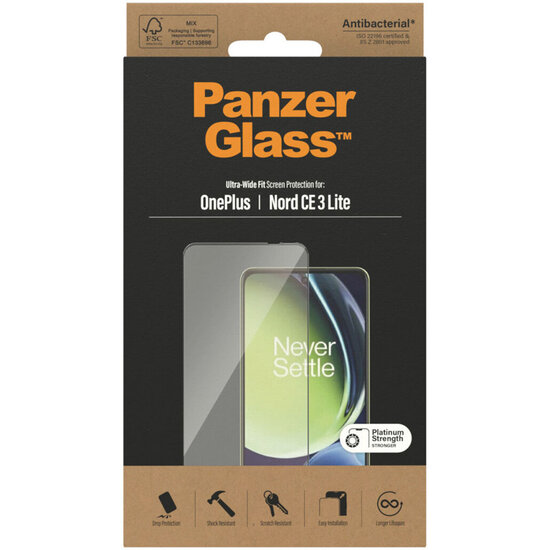 PanzerGlass - Ultra-Wide Fit Anti-Bacterial Screenprotector voor OnePlus Nord CE 3 Lite - Transparent